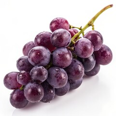 Close-up of a bunch of ripe purple grapes with water droplets on white background, showcasing freshness and natural texture.