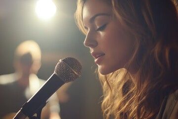 A young woman with long, wavy blonde hair sings into a microphone during a performance.
