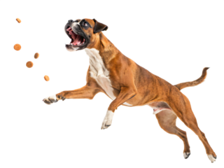 A boxer dog in midair catches treats isolated on transparent background