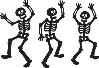 Funny skeleton silhouette set, Skeletons dancing with different positions flat style vector, Funny Halloween skeletons in different poses set, jumping, frightening