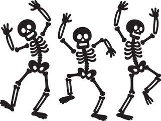 Funny skeleton silhouette set, Skeletons dancing with different positions flat style vector, Funny Halloween skeletons in different poses set, jumping, frightening