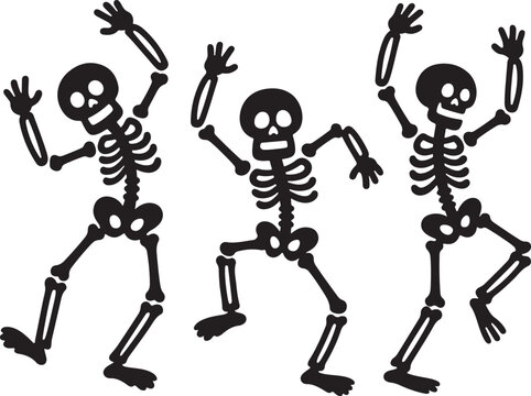 Funny skeleton silhouette set, Skeletons dancing with different positions flat style vector, Funny Halloween skeletons in different poses set, jumping, frightening