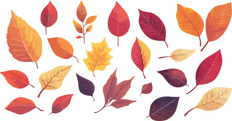 Obraz premium Collection of Colorful Autumn Leaves Isolated on White Background Featuring Various Shapes and Shades of Red Orange Yellow and Brown for Seasonal Designs and Decorations