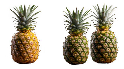 Three Fresh Pineapples with Green Leaves on Transparent Background