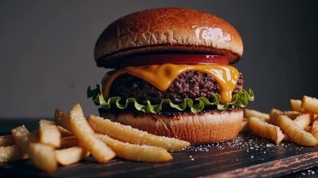Cheeseburger with lettuce, tomato, fries. Fastfood lunch with classic burger. Juicy meat patty under cheese. Fries with salt beside burger. Cheese melts on hot meat. Dinner with burger and fries.