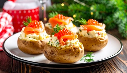 Twice-Baked Potatoes with Smoked Salmon and Roe. Luxury Caviar Shot