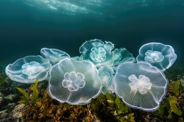 A group of translucent jellyfish gracefully rest on the ocean floor amongst seaweed.