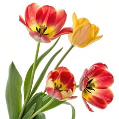 Fototapeta premium Vibrant red and yellow tulips with green stems and leaves, fully opened and isolated on white background for spring themes.