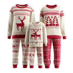 Matching family christmas pajamas holiday outfits festive apparel isolated on transprint background