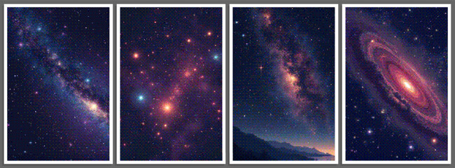 Set of pixelated posters with futuristic deep space scene in pixel art style with dithering effect. Retro space background for vintage cover, flyer, magazine or banner. Vector 8-bit illustration