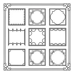 Nine decorative square frames black and white set
