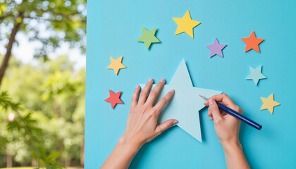 Hands tracing star shape on blue paper with colorful decorations  