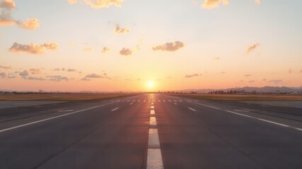 Naklejka premium Runway stretches toward the horizon as the sun sets, casting a warm glow across the sky and pavement