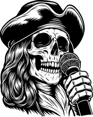 A fierce female pirate skeleton leads. Skull Figure with Retro Hat and Microphone for Music Artwork