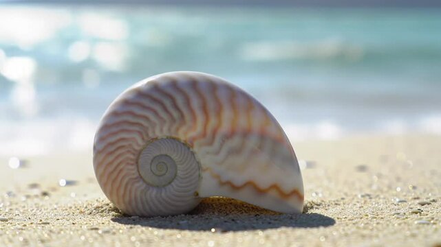 Nautilus shell resting on the sandy beach with ocean waves softly blurred in the background view