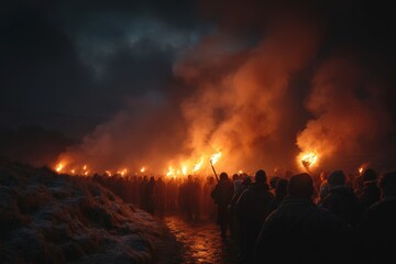 Crowd marches with torches through dark landscape during twilight celebration in winter season