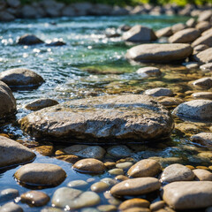 Crystal clear water flowing slowly over smooth stones with dappled sunlight and soft bokeh creating a peaceful summer tone this high-resolution image focuses on the clarity of the