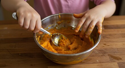 Toddler Learning Practical Cooking Skills Mixing Food in a Bowl