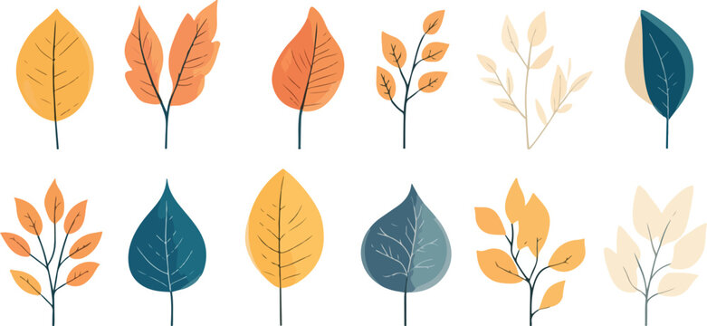 Collection of stylized autumn leaves in various colors and shapes arranged in a row on a white background perfect for seasonal designs and decorative elements