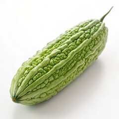 Close-up of a single green bitter melon with textured skin, isolated on white background, ideal for health and food themes.
