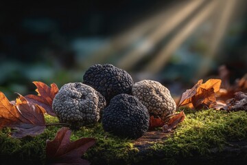 Collection of truffles resting on moss with autumn leaves illuminated by sunlight in a forest setting