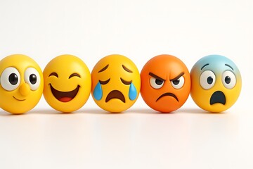 Expressive emoji spheres showcasing a range of emotions from happiness to sadness and anger