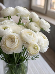 Fototapeta premium White ranunculus flowers elegantly placed in the bottom corner