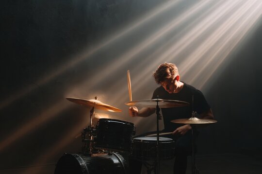 Intense drumming performance in dramatic lighting during a music session at a dedicated studio space