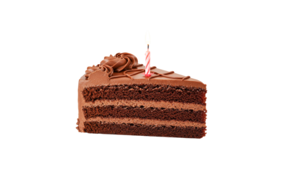 Sweet Slice of Celebration: A delectable slice of chocolate cake, adorned with rich frosting and a single, flickering candle, symbolizing joyous occasions and moments of sweetness.