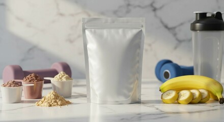Protein powder packaging mockup for fitness and health supplements with banana and dumbbells on marble