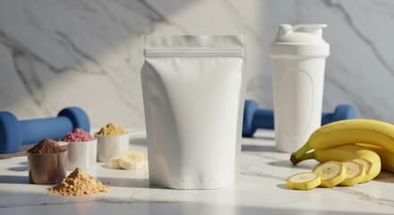 Protein powder packaging mockup with shaker bottle dumbbells and bananas for fitness and healthy lifestyle