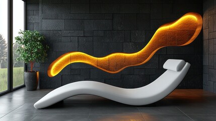 Modern lounge chair in a dark stone room.  A sleek, white, curved chaise lounge sits in a contemporary room.  Dark gray stone walls are punctuated by a glowing, orange-yellow, sculpted recess.  
