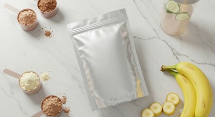 Protein powder packaging mockup with banana and drink for healthy lifestyle and nutrition concept