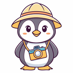 Fototapeta premium Cute baby penguin holding camera icon