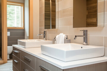 Modern double sink bathroom vanity with chrome faucets and wooden drawers in a minimalistic interior