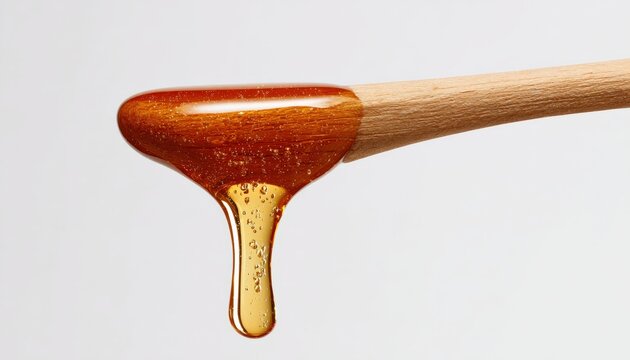 Close up of honey dripping from wooden spoon, creating a visually appealing texture with golden hues - Powered by Adobe