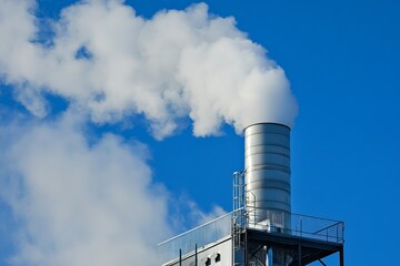 Industrial chimneys emitting white smoke into clear blue sky symbolizing air pollution and environmental impact
