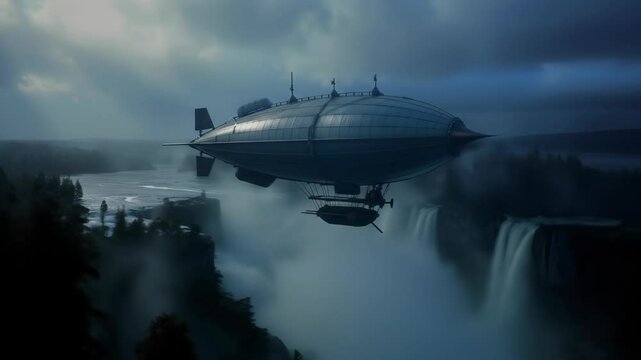 Antique airship over majestic waterfall misty landscape illustration