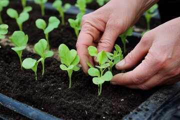 Gardener planting green seedlings by hand in rich soil during early growth stage in seed tray