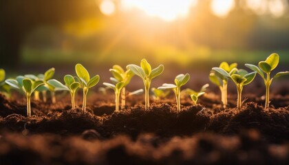 many seedlings are sprouting from the soil in the bright morning light