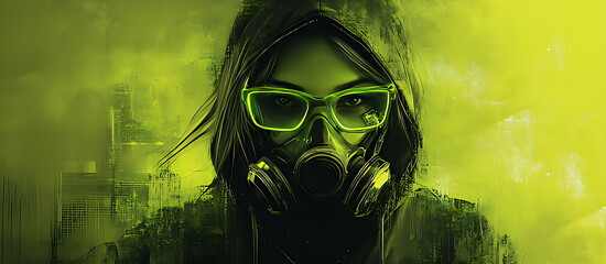 fashion cyberpunk girl leather hoodie jacket wears gas mask with protective glasses