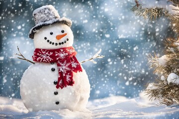 Adorable snowman with red scarf and hat standing in snowy landscape during gentle snowfall in winter wonderland