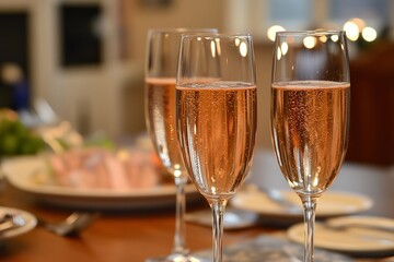 Elegant celebration with glasses of ros&eacute; champagne on a dinner table set for a festive gathering