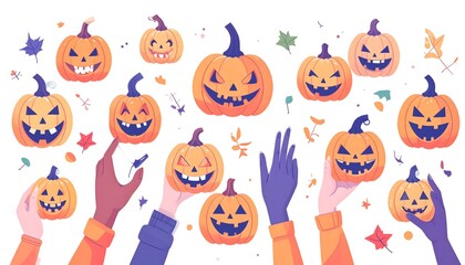 Fototapeta premium Lineup of quirky carved pumpkins with goofy grins and creepy stares, each with a unique personality. Flat vector in warm orange tones—perfect for festive, spooky, or playful Halloween design.