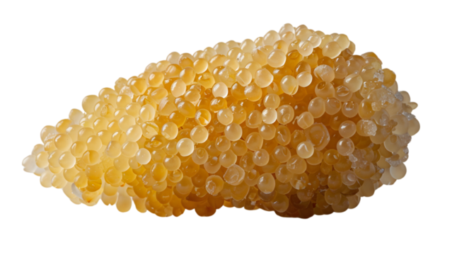 Cluster of golden fish roe with tiny beads, evoking luxury and delicacy, ideal for gourmet cuisine, on a transparent background.