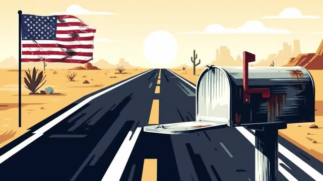 Worn mailbox and flag on hot desert roadside in flat art, 4th july flag 