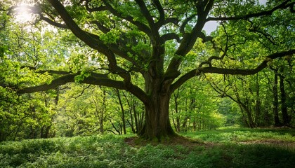 green oak in green spring forest