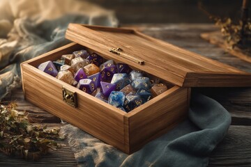Wooden box filled with colorful polyhedral dice on a rustic wooden surface with soft lighting