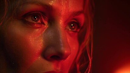 Intense moment featuring a woman in dramatic lighting and close-up during a suspenseful adventure in a mysterious location