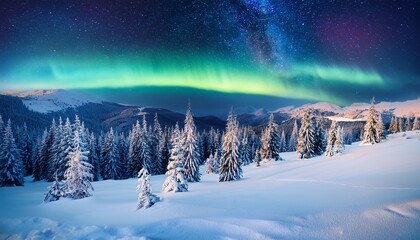 fairy winter mountains with snowy fir trees and incredible northern lights in starry sky christmas nightscape with polar lights aurora borealis